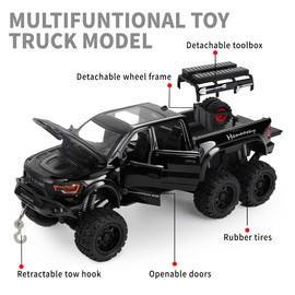 SASBSC 6X6 Toy Pickup Trucks for 3+ Year Old Boys 1/24 Diecast Pick up Truck Toy Cars with Light and Sound Metal Car Model Toys for Aged 3-12 Kids Birthday (Black)