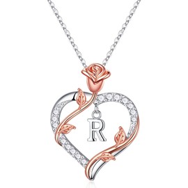 Heart Initial Necklace Gifts for Women, Letter R Initial Necklaces Rose Heart Necklace I Love You Anniversary Birthday Valentines Gifts for Her Girlfriend Wife Mom Daughter Jewelry for Women Girls