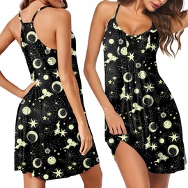 Ekouaer Women Nightgowns Sleeveless Sleepwear Spaghetti Strap Racerback Pajama Dress Nightshirt Black Star Moon XL