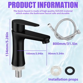 Bathroom Tap, Washbasin Tap, Cold Water, Guest Toilet, Bathroom, Cold Water Tap Only Cold Water, Single Lever Tap Bathroom with 80 cm Connection Hose, Stainless Steel Cold Water Tap for Bathroom,