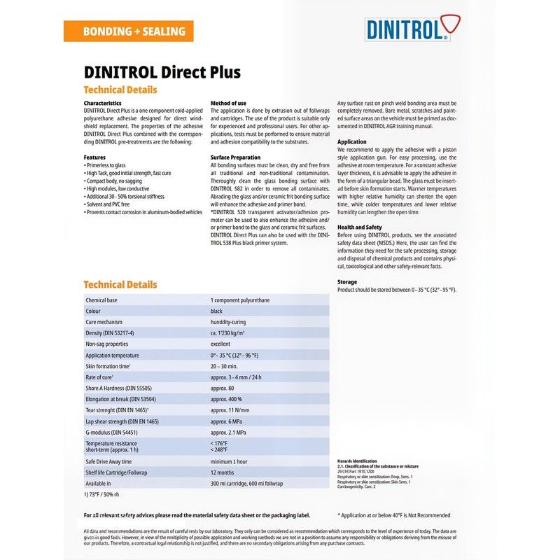 Dinitrol Direct Plus Primerless to Glass Windshield, Automotive Urethane Adhesive