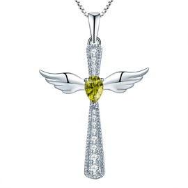 YL Angel wings cross necklace, 925 sterling silver 12 birthstone zirconia guardian angel pendant necklace for women, chain 45 + 3 cm, Silver, August, Peridot Green