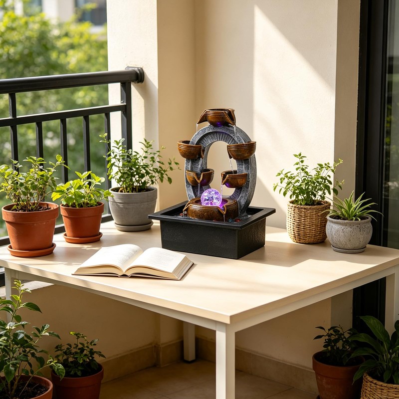 Desktop Water Fountain Indoor:6 Tier Cascading Waterfall with Spinning Orb
