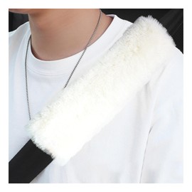 JUSTTOP 2 PCS Sheepskin Car Seat Belt Pads, Soft Fuzzy Auto Seatbelt Cushion Pads for Comfortable Driving, Wool Seat Belt Cover Protector for Shoulder and Neck, Car Accessories (White)