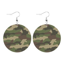 Swono Camouflage Round Faux Leather Earrings for Women Classic Style Masking Camo Print Woodland Forest Texture Disguise Lightweight Double-Side Printed Drop Dangle Earring for Gift