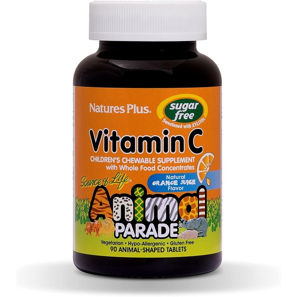 NaturesPlus Animal Parade Source of Life Sugar-Free Children's Vitamin C - Natural Orange Juice Flavor - 90 Chewable Animal Shaped Tablets - Immune Support, Whole Foods - Gluten-Free - 45 Servings