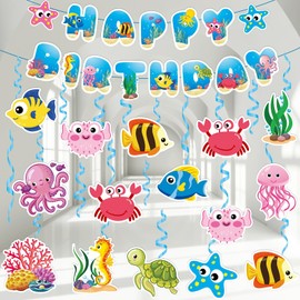Under The Sea Party Decorations Ocean Happy Birthday Party Banner Sea Animals Life Hanging Swirls Streamer for Back to School Creatures Beach Birthday Party Classroom Nursery Supplies