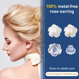 HINZIC 6 Pairs 6mm 8mm Plastic Clear Earrings 3D Rose Earrings Stud Post Hypoallergenic for Sensitive Ears Women Christmas Valentines Wedding Prom Mothers Day