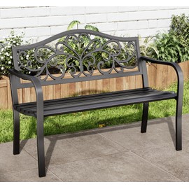 MFSTUDIO 43.7 Inches Outdoor Garden Bench, Cast Iron Metal Frame Patio Park Outside Benches with Floral Pattern Backrest for Front Porch, Black, Camelback