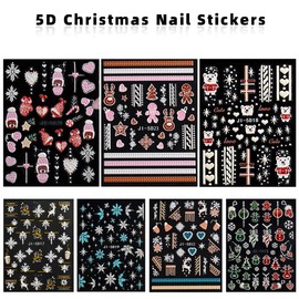 Christmas Nail Art Stickers 5D Decals Stereoscopic Embossed White Snowflake Nail Wraps Snowman Bear Deer Nail Design Kit Acrylic Nail Supplies Decor for Women Girl 7 Sheet