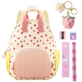 HarnyLoom Strawberry Backpack Back to School Stationery Set - Large Capacity Girls School Bag, Plush Keychain, Ruler, Pencils, Eraser & Sharpener, Cute Stationary Kit for Kids Boys Girls