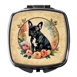 Caroline's Treasures Black French Bulldog and Flowers Compact Mirror Decorative Travel Makeup Mirror for Women Girls Gifts Pocket Makeup Mirror Folding Handheld