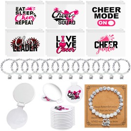 Locmeo 36 Pcs Cheerleader Gifts Set Including 12 Pcs Portable Zipper Cheer Makeup Bag 12 Pcs Compact Mirror 12 Pcs Cheer Bracelet Cheerleader Party Favors for Women Girls Cheerleading Team Teammates