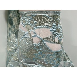 wowfabric4less123 Blue Gold Metallic Brocade Organza Fabric 58” Width Sold By The Yard