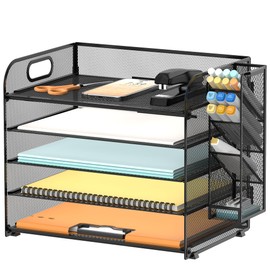 SUPEASY Organizador de escritorio de 5 niveles con asa y soportes extraíbles para bolígrafos, organizador de papel de malla/archivos para escritorio, 