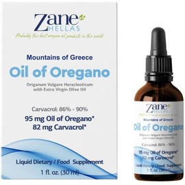 Zane Hellas Aceite de Orégano – 40% de aceite esencial de orégano griego puro, con un mínimo de 86% de carvacrol. Aporta 52 mg de carvacrol por porción. Probablemente el mejor aceite de orégano del mundo. Contenido: 1 fl. oz. (30 ml).
