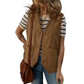 Dokotoo Womens Corduroy Vests Military Outerwear 2025 Summer Spring Button-Down Lightweight Waistcoat Sleeveless Jacket Casual Vest with Pockets,Brown Medium