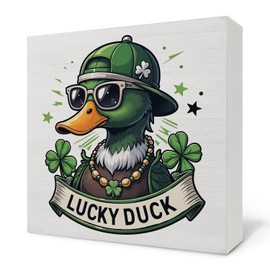 Nvotell St Patrick's Day Sign, Lucky Duck Wooden Box Sign, Mallard Duck Decor, St Patrick's Day Decorations, St Patrick's Day Wood Block Signs for Home Office Desk Table Shelf Decor, 5x5 Inch