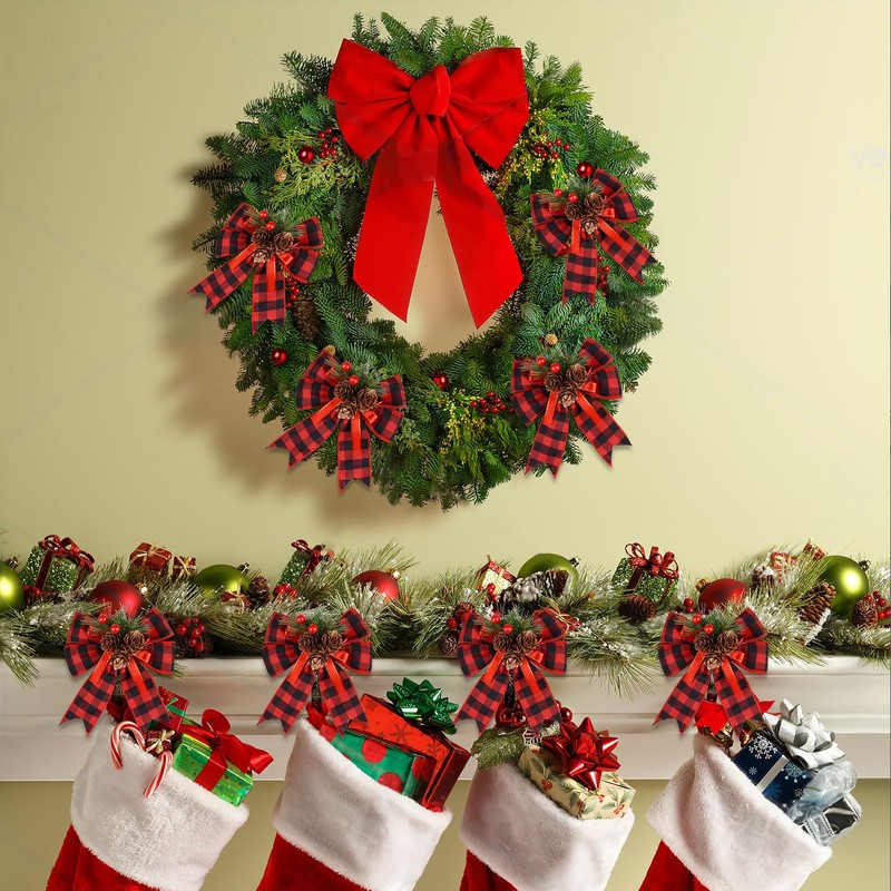 GEBETTER 6 pcs Christmas Red Plaid Rows Large Red Bows
