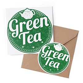 1 x Greeting Card & 10 cm Round Sticker Set - Green Tea Healthy Organic Tea Cup - Birthday Thank You Friend Lover Fan Mum Dad Kids #5171