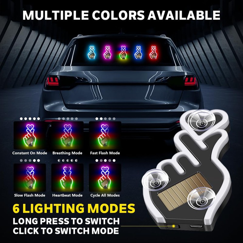 Finger Heart Car Window Light, Solar-Powered Wireless LED Heart Shape
