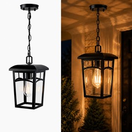 DOCIUEON Outdoor Hanging Light, Farmhouse Black Porch Pendant Lantern with Clear Glass, E26 Base Modern Exterior Chandelier for Front Door, Patio, Entryway, Gazebo, Backyard