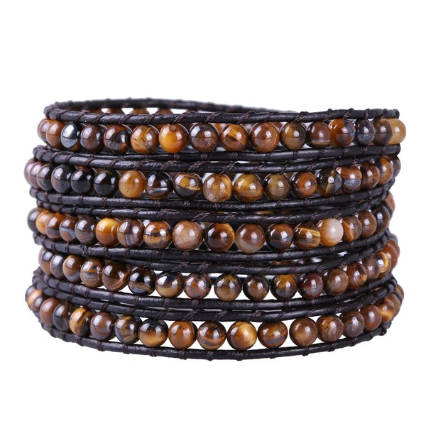 KELITCH Synthetic Tiger Eye Gems Beads 5 Wrap Bracelet Leather