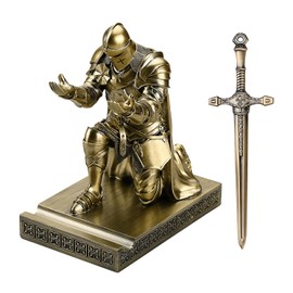 Amoysanli Medieval Armored Warrior Wearing Outerwear, Mobile Phone Stand Knight Pen Holder Desk Organizers, Resin Bookends Paperweight with a Letter Opener for Desk (Bronze)