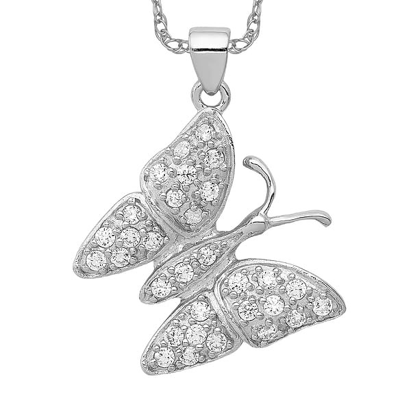 925 Sterling Silver Cubic Zirconia CZ Butterfly Wings Necklace Chain