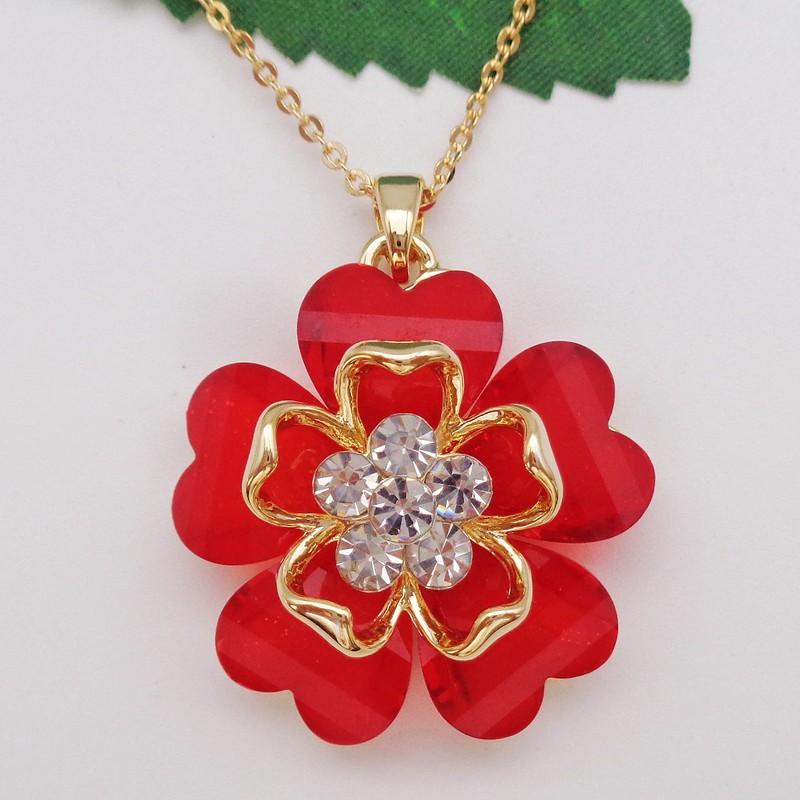 Navachi 18k Gold Plated White Crystal Red Acetate Blooming Flowers