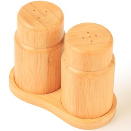 ZTHapwa Salt and Pepper Shakers Set with Base Rack, Bamboo Wooden Cute Salt and Pepper Shaker for Kitchen Counter or Table as Farmhouse Countertop Decorations and Wedding Gifts