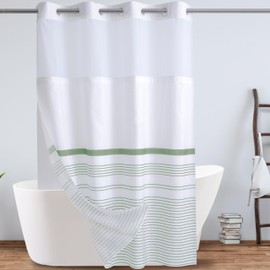 KONZENT Sage Green and White Boho Shower Curtain Green Striped Hotel Fabric Stall Shower Curtain Machine Washable with Snap in Removable Liner for Bathroom Bathtubs Spa(54" (W) X 74" (H))