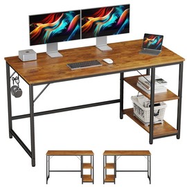JOISCOPE Home Office Gaming Desk with Wooden Storage Shelf & Splice Board, 2-Tier Industrial Morden Laptop Study Writting Desk, 55 x 24 inches - Colour: Vintage Oak, Size: 55 inches