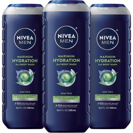 NIVEA MEN Maximum Hydration 3-in-1 Body Wash with Aloe Vera, 16.9 oz Bottle (Pack of 3)