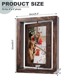 4x6 Rotating Floating Photo Frame - 360° Spinning Wooden Tabletop Display with HD Glass, Double-Sided for Horizontal or Vertical Orientation(Brown)