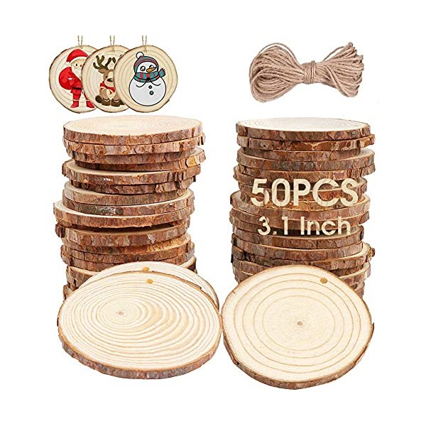 AerWo Natural Wood Slices Christmas Ornaments, 50 Pcs 2.7-3.1 Inches