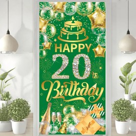 Green and Gold Happy 20th Birthday Backdrop Banner,3FTx6FT Green Birthday Backdrop Sign, Happy Birthday Banner, Birthday Party Supplies Photo Background for Children Men Women.
