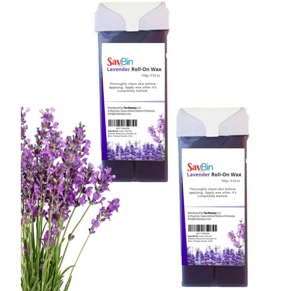 SAVBIN 2-Count Roll-On Lavender Depilatory Soft Wax Cartridge for Professional Salons & At-Home Self Waxing (2-Count Lavender)