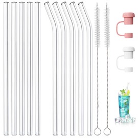 Pack of 10 Glass Straws Long, Glass Straws Long 31 cm, 5 Glass Straws Curved + 5 Straight Long Straws, Includes 2 Straw Lids and 2 Cleaning Brushes, Replacement Straw Quencher Transparent