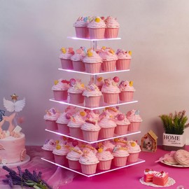 Cupcake Stand - 5 Tier Cupcake Tower Stand - Rechargeable LED Cupcake Holder for desser table-Clear Serving Tray with 7 color light- Display Stand Tree for Elegant Celebrations and Festive Gatherings