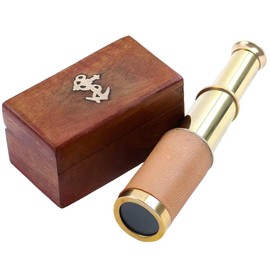Mythrojan Mini Pirate Spyglass Telescope Brass Colapsable Hand Telescope with Wooden Box Small Vintage Telescope Pirate Decore Brass Decorative Telescope 9''