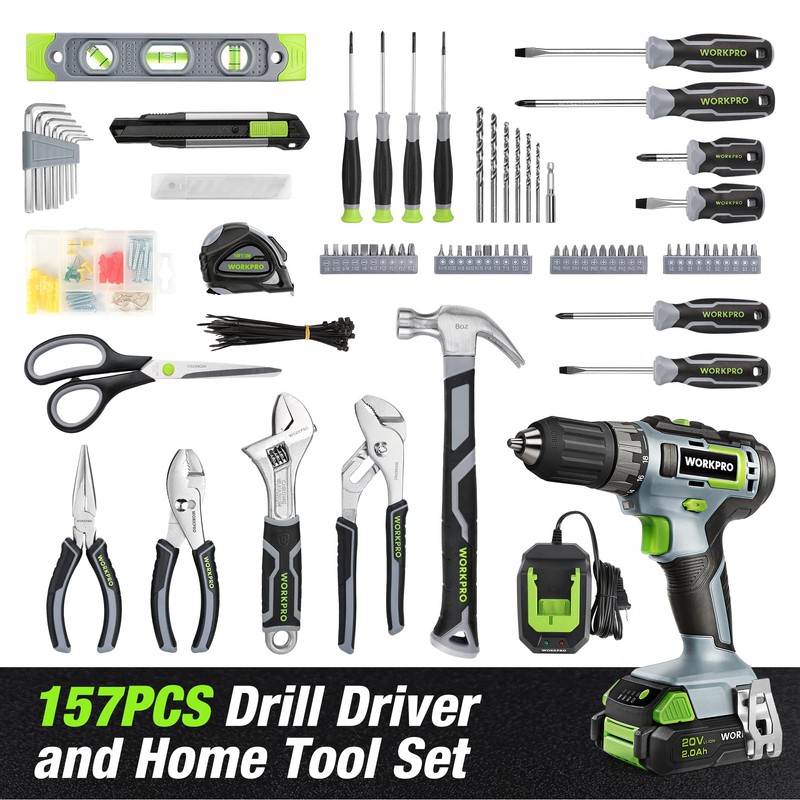WORKPRO Home Tool Set with 20V Cordless Lithium-Ion Drill Driver,