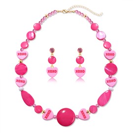 HEIDKRUEGER Valentine's Day Jewelry Set,Beaded Necklace Earrings Pink XoXo Heart Charm Necklace Heart Dangle Earrings for Women (Pink xoxo Heart)