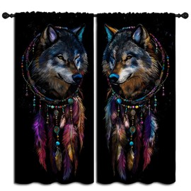 Wolf Dream Catcher Blackout Curtains,Gothic Wolf Dreamy Starry Sky Native American Animal Feather, 2 Panel Rod Pocket Thermal Insulated Drapes for Bedroom, Living, Kids Teen Room Deco 42x45 inch