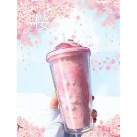 17oz Cute Water Bottle with Straw and Lid, Glitter Double Wall Water Bottle with Straw Kawaii Cup Cherry Blossom Water Bottle Kawaii Cups for Gifts (Pink)
