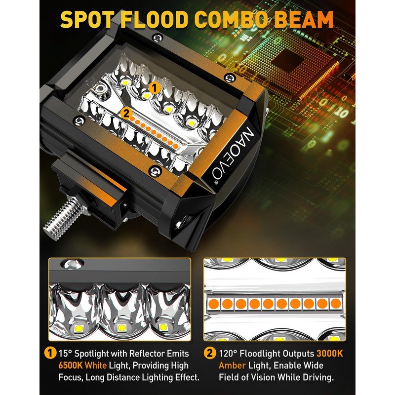 NAOEVO 4 Inch LED Pod Lights, White Amber Offroad Fog/Driving