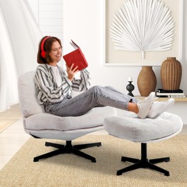 HollyHOME Modern 360°Swivel Accent Chair with Ottoman, Upholstered Comfy Reading Chair and Footstool, Fabric Lazy Chair with Soft Cushion, Lounge Sofa Chair for Living Room, Bedroom, Beige