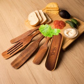 Premium Teak Wood 5 Pcs Spurtle Set Safe Non-Stick Kitchen Utensil Non-Toxic Lightweight Teak Wooden Spoon With Spoon Rest Heat Resistant Non-Scratch Spatula