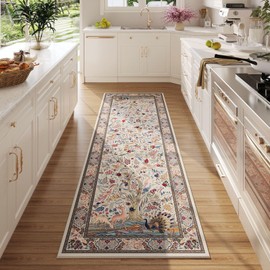 Rugcomf Runner Rug 2x6 Vibrant Tree of Life-Patterned Vintage Kitchen Rugs Non Slip Washable Soft Carpet Runner for Laundry Bedroom Bathroom, Beige