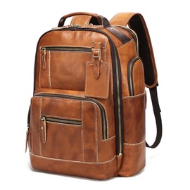 LANNSYNE Vintage Genuine Leather Backpack for Men, 15.6" Laptop Backpack Camping Travel 24L Rucksack